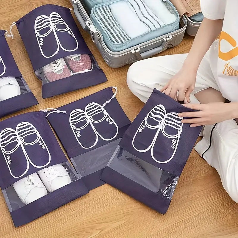 Set Of 5 Travel Shoe Pouch, Grey Non Woven Fabric Dustproof Drawstring Bag, Breathable Storage Pouch With Visual Window, Portable Shoe Organizer Drawstring Bag Set Of 5 Travel Shoe Pouch, Grey Non Woven Fabric Dustproof Drawstring Bag, Breathable Storage Pouch With Visual Window, Portable Shoe Organizer Drawstring Bag